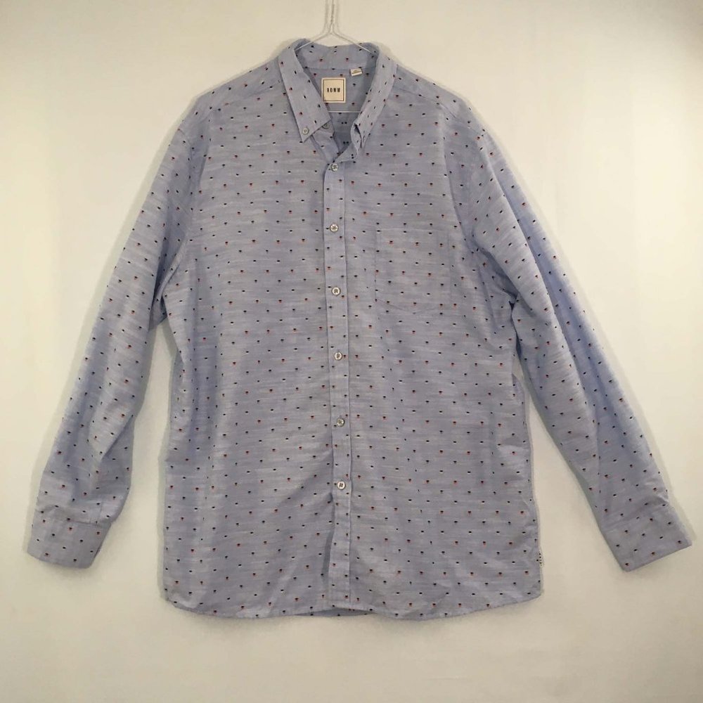 ROWM Mens Light Blue Patterned Long Sleeve Button Front Shirt, size XL